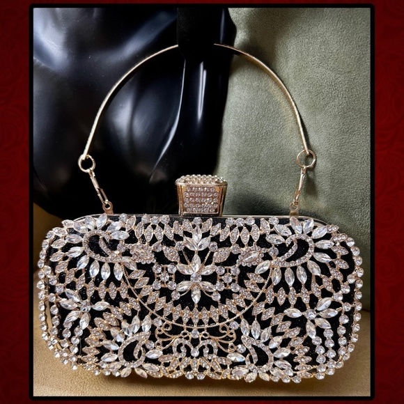 Crystal Rhinestone Embellished Black Evening Bag w/Handle & Chain Strap NWT - Picture 7 of 16